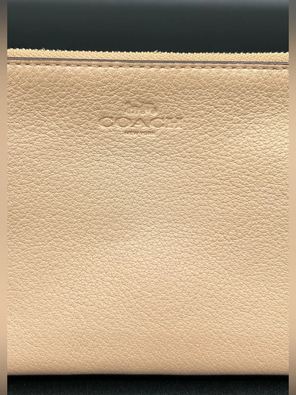 COACH Pebble Leather Double - Zip Wristlet in a neutral tan - Gold-Tone Hardware